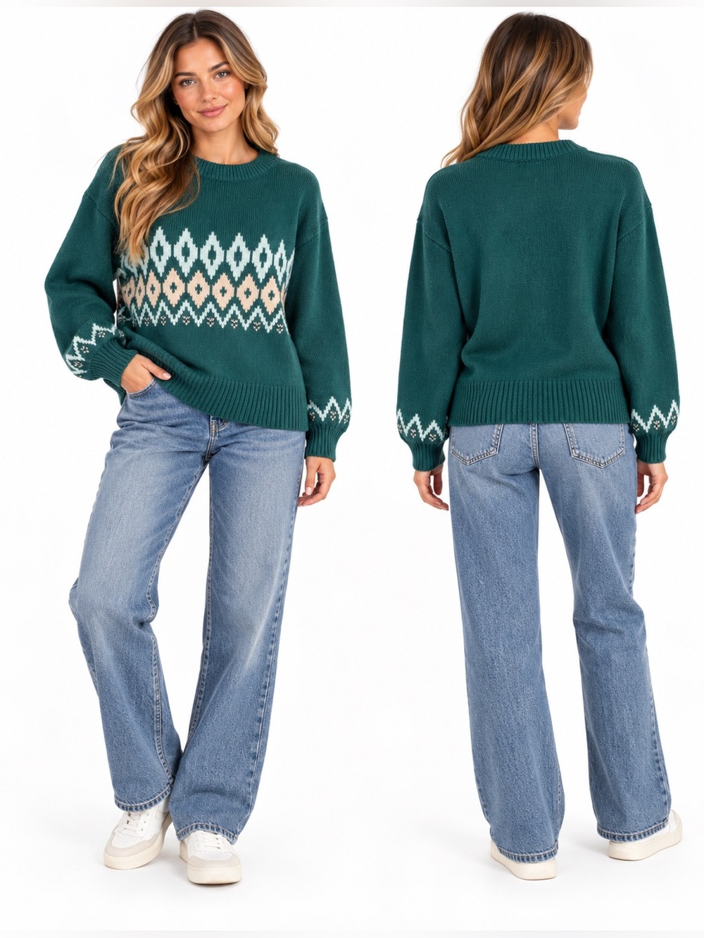 Monrow Crewneck Sweater in Green & blush NWT
